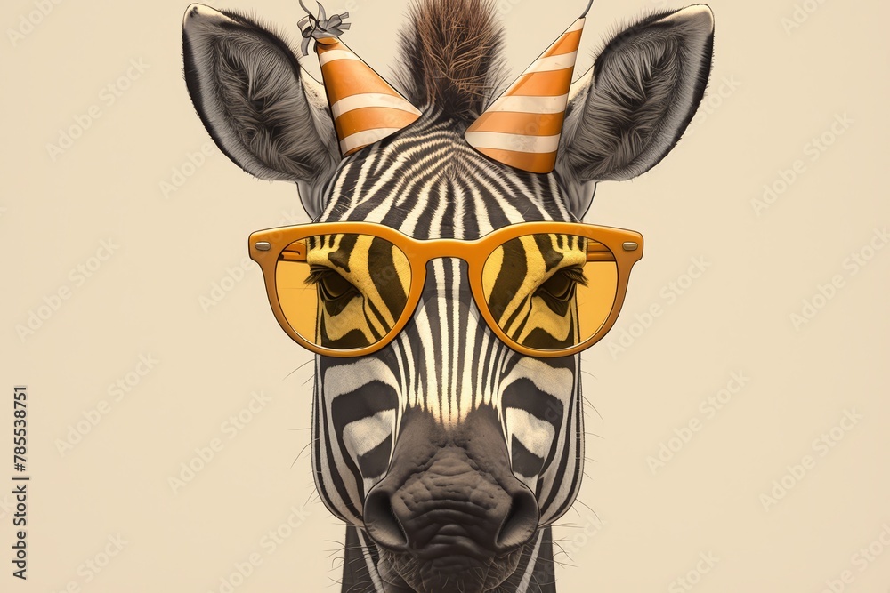 Fototapeta premium zebra wearing sunglasses and birthday hat on pastel background