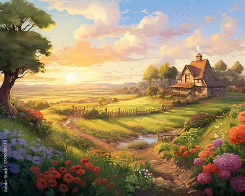 A gentle sunrise warming a sleepy hamlet, with gardens of peonies and marigolds stretching out to green pastures , illustration