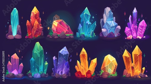 Crystal clusters of colorful gemstone crystals jutting out of the ground. Cartoon game assets of glowing diamond raw material rocks. Modern illustration set of gemstones for mining and treasure
