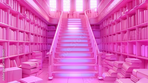   A room with numerous pink shelves, brimming with boxes, and a staircase adorned with books