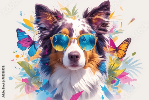 ute border collie dog wearing sunglasses on a white background. The artwork is in the colorful splash photo