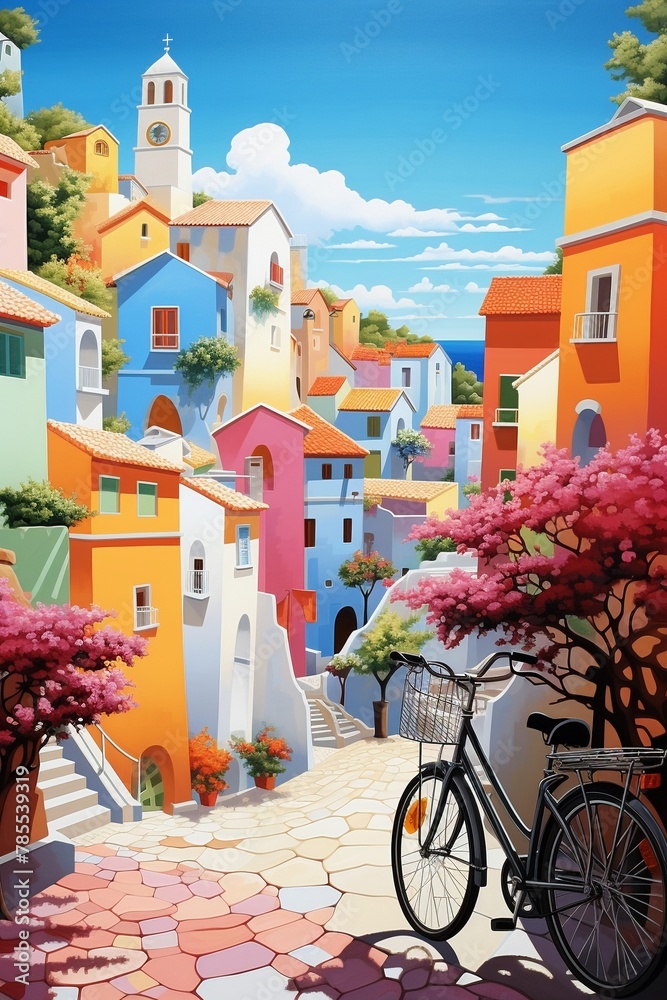 Charming village scene with bikes and colorful taxis ,   illustration