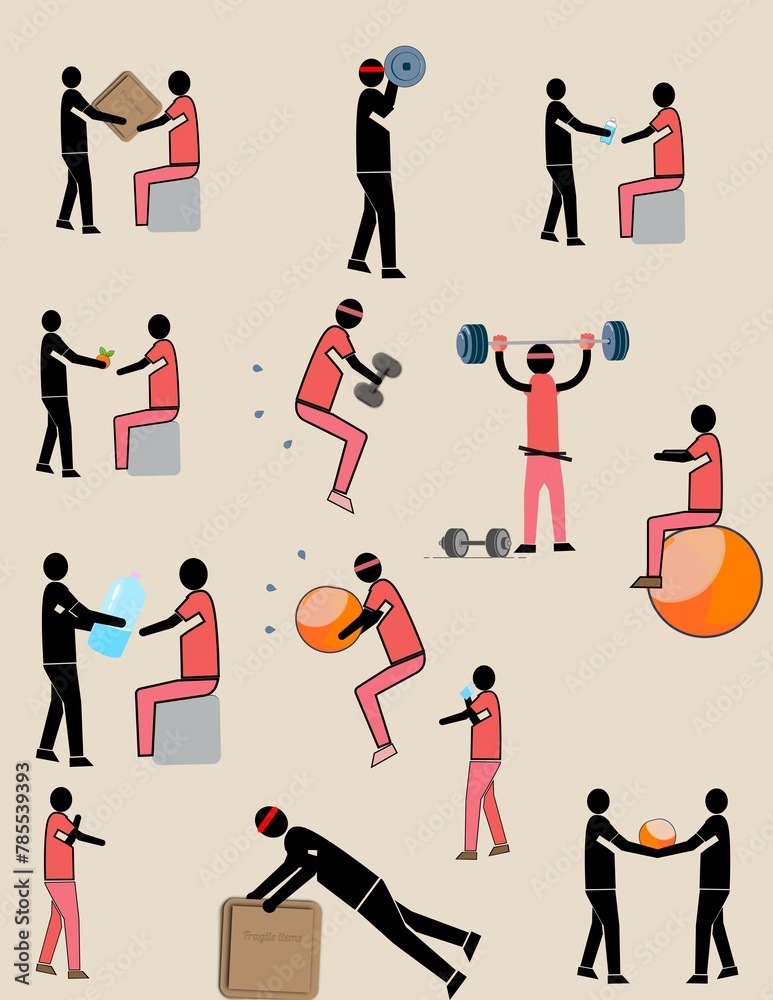 A series of black and white drawings of people doing various exercises A series of black and white drawings of people doing various exercises