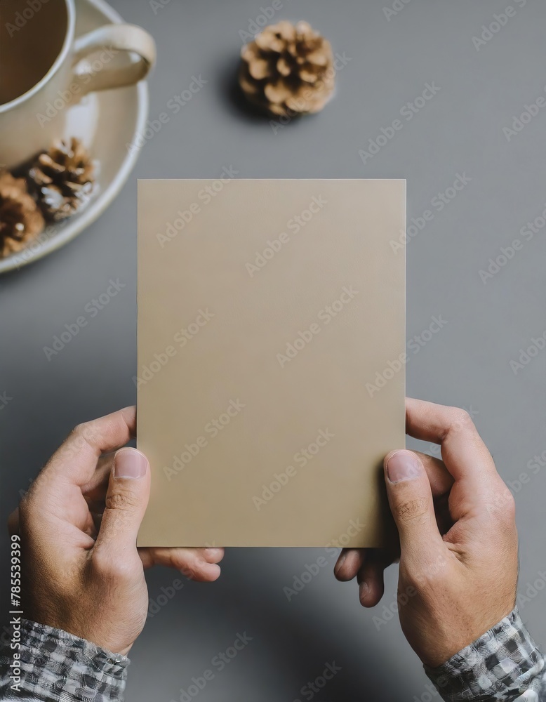 Obraz premium Postcard - Invitation Mock-Up - Male hands holding a blank flyer on a gray background