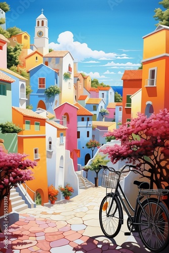 Charming village scene with bikes and colorful taxis     illustration