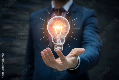 Illuminating bulb in mens hand, future technology idea concept, representing innovation