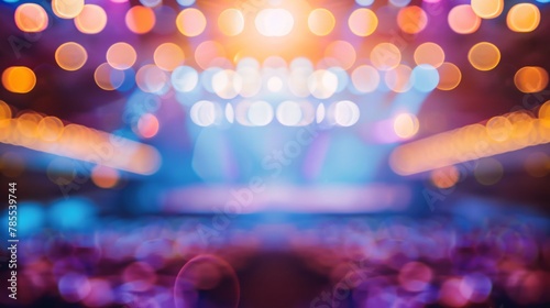 Soft-focused perspective capturing the excitement of a concert hall with blurred stage, vibrant lighting, and anticipation 02