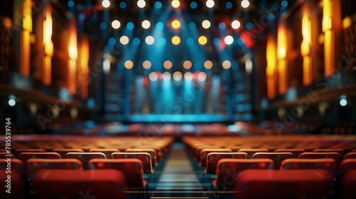 Soft-focused perspective capturing the ambiance of a concert hall with blurred stage, colorful lighting, and anticipation 01