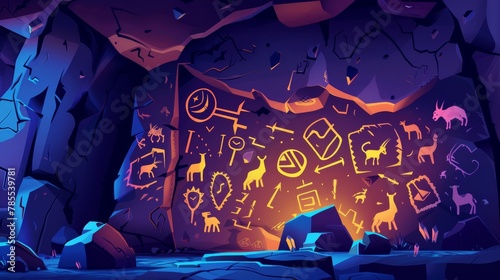 An illustration of a grotto, a cave, a mountain tunnel and antelope and mammoth silhouettes in a prehistoric cave. photo