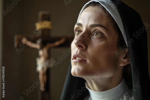 Portrait of a nun in silent contemplation, her gaze fixed on a crucifix, symbolizing the depth of her faith and devotion 05 © Maelgoa