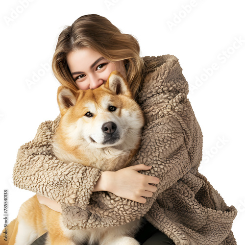Woman hugging her beloved Akita dog, isolated on transparent background, people and pets concept, realistic illustration, generative ai
