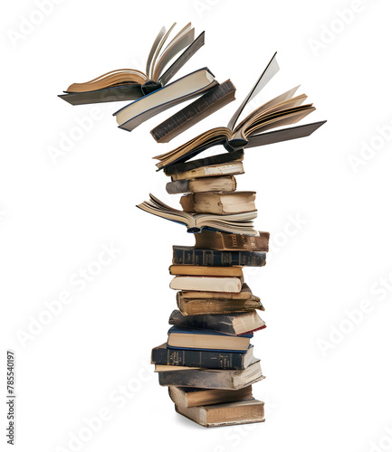 Open books stack with flying pages, isolated on transparent background, flying knowledge concept, realistic illustration, generative ai