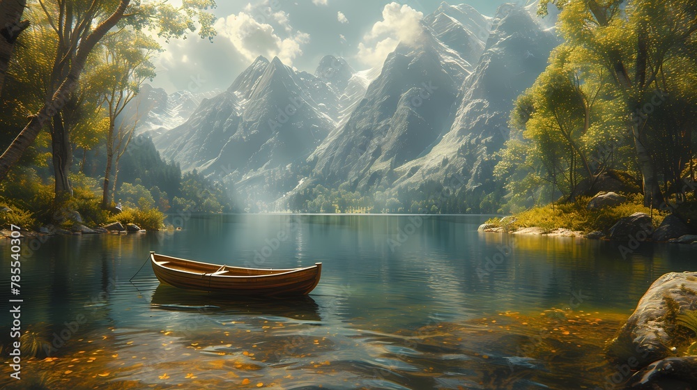 A tranquil lakeside scene with a lone boat drifting lazily on the water, surrounded by lush greenery and towering mountains in the distance