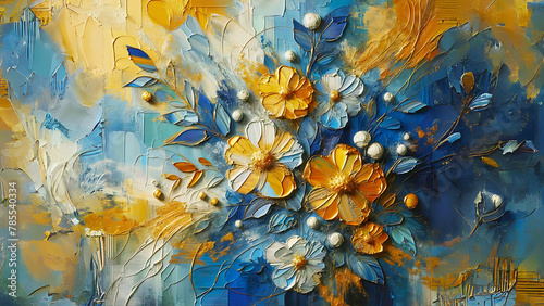 Abstract Floral, Oil Painting, Canvas, Bright Tone, blue and Gold, Textured Background, Golden Brushstrokes, Lush Flowers, Sophisticated Decor