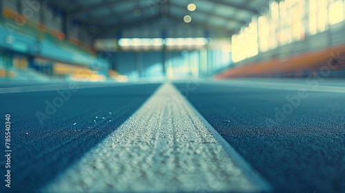 Blurred view of an empty track and field arena, capturing the solitude and the simplicity of the environment, with muted colors and gentle lighting photo