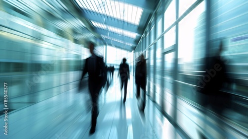 Energetic scene of a corporate hallway with blurred motion, portraying the dynamic movement of individuals 03