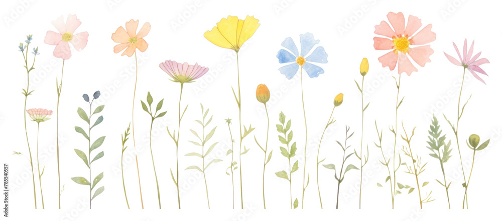 PNG Colorful flowers as line watercolour illustration pattern drawing sketch.