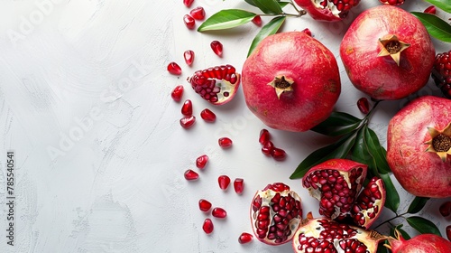   A pomegranate cluster with leaves on a pristine white backdrop, featuring a solitary star-like calyx atop one fruit