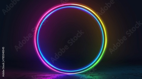 This neon glowing circle frame has a glitch effect. A realistic modern illustration set of a ring border with a tv digital light bug. A round luminous shape with a video lag and a noise texture. photo