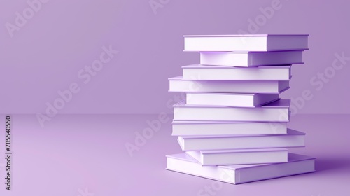 Closed book stack on pastel purple background with empty space for text. Detailed 3D modern illustration of literature pile for reading education concept. Textbook publication.