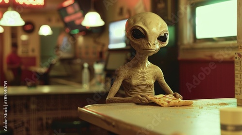 Cinematic image of an amiable alien enjoying a cheesy slice of New York-style pizza in a cozy corner of a bustling pizza parlor, with the aroma of freshly baked dough filling the air 01