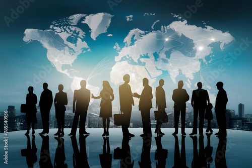 ImageStock Silhouettes of business people against a transparent globe, symbolizing global business connections