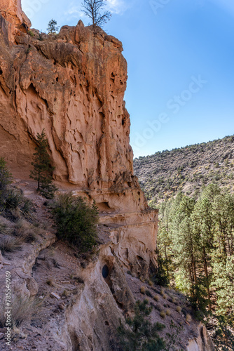 Bandelier National Monument preserves Ancestral Puebloans home in New Mexico. View of Frijoles Canyon from Alcove House.  photo