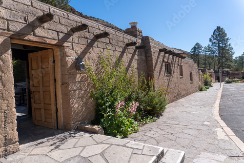 Bandelier National Monument, New Mexico. Former Frijoles Canyon Lodge is now Sirphey at Bandelier, a restaurant located near the park visitor center in Frijoles Canyon.