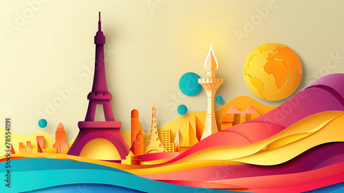 papercut of Paris city skyline, abstract olympic propaganda poster