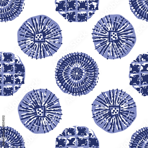 Indigo blue Japanese block print effect pattern. Seamless hand made vector design for fabric batik background and faded fashion repeat. 