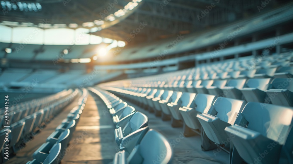 Obraz premium Blurred perspective of the interior of a deserted stadium, emphasizing the empty seats and the grandeur of the architecture, with soft hues and gentle lighting