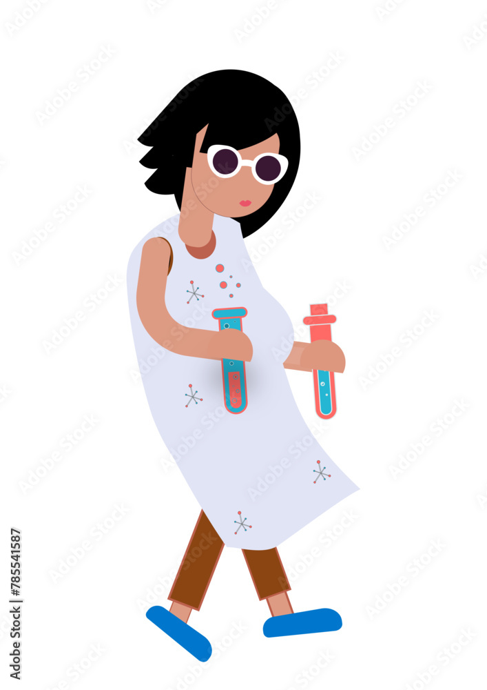 A woman in a white lab coat holding two beakers