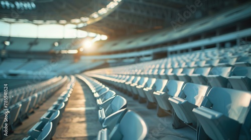 Blurred perspective of the interior of a deserted stadium, emphasizing the empty seats and the grandeur of the architecture, with soft hues and gentle lighting