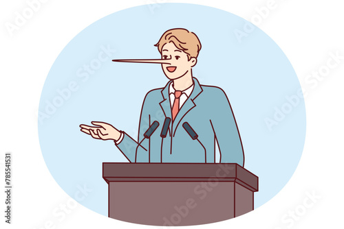 Dishonest man politician with long nose stands behind podium during election campaign. Statesman in business attire makes false and populist statements to potential voters © drawlab19
