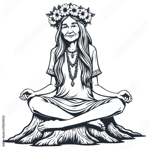 Old hippie woman meditating on a tree stump, Vector illustration