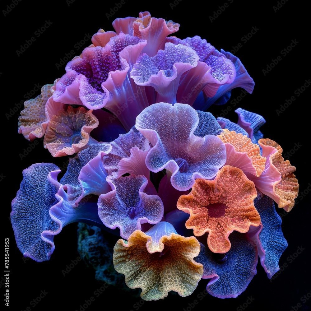 Obraz premium Fluorescent coral polyps emit a captivating glow in the darkness of the deep sea, revealing the hidden beauty and diversity of marine life in this mysterious underwater world.