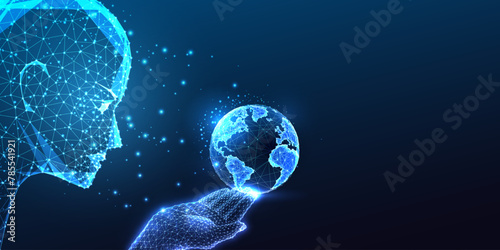 AI safeguarding Earth future. Futuristic guardianship. Global connectivity as AI face holding Earth 