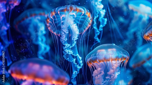 Stunning luminescent jellyfish in the ocean in a blue-purple ambiance 02 © Maelgoa