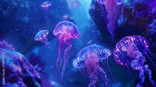 Stunning luminescent jellyfish in the ocean in a blue-purple ambiance 01