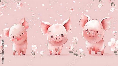 three little cute pigs and flowers