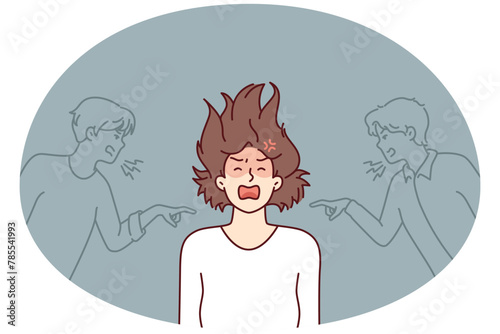 Depressed girl having panic attack and screaming after insulting two guys. Woman experiencing psychological problems after being criticized or insulted based on gender. Flat vector illustration © drawlab19