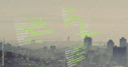 Image of looping computer language over fog covered modern city against sky