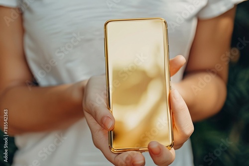 Close-up shot cheerful person clutching golden mobile phone hand luxurious gadget wealth joy 03