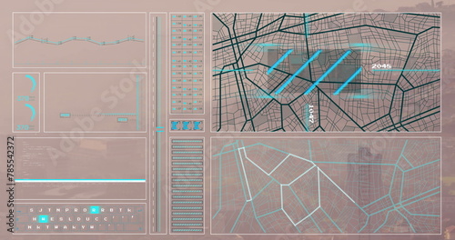 Image of graph, loading circles, bars, navigation pattern and computer language over modern city