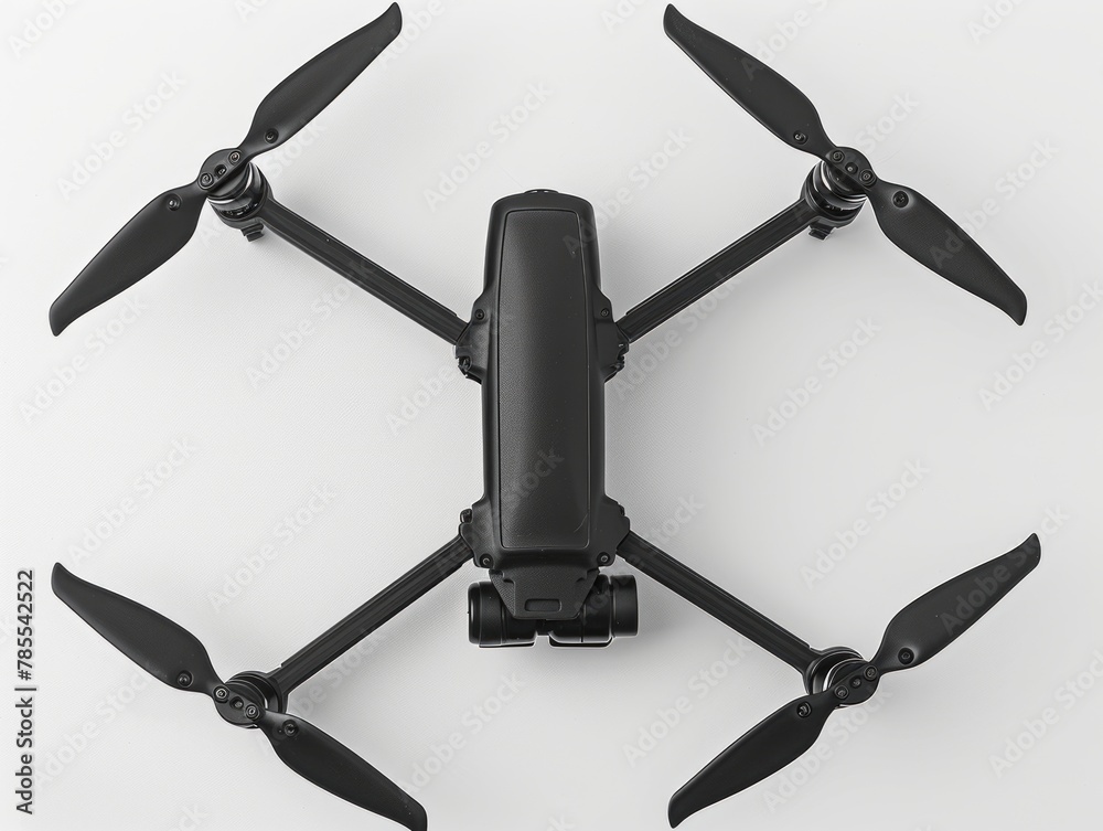 A black drone with four propellers on top. A black drone with four propellers on top.