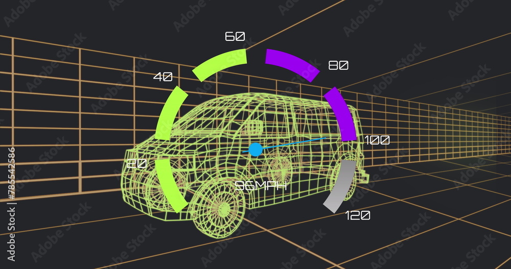 Image of speedometer interface over 3d van model moving in seamless pattern in a tunnel Image of speedometer interface over 3d van model moving in seamless pattern in a tunnel