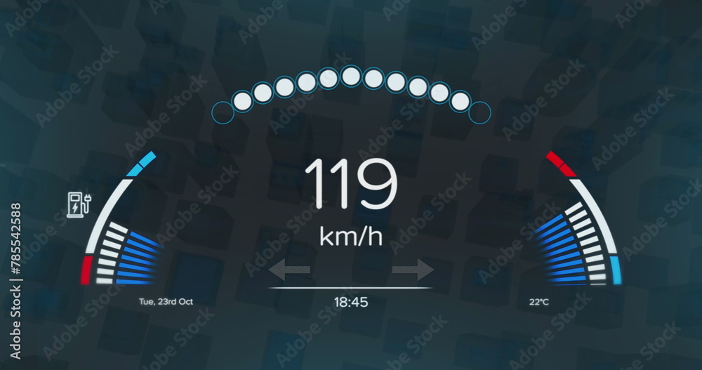 Image of car dashboard interface over abstract 3d shapes in seamless pattern on grey background