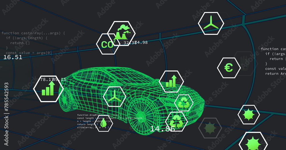 Image of multiple digital icons over 3d car model moving in seamless pattern in a tunnel