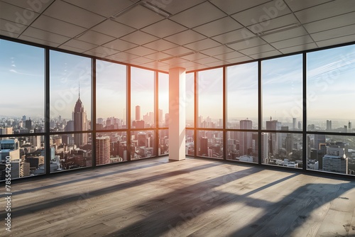 Modern empty office interior with panoramic city view and sunlight, representing contemporary workspace