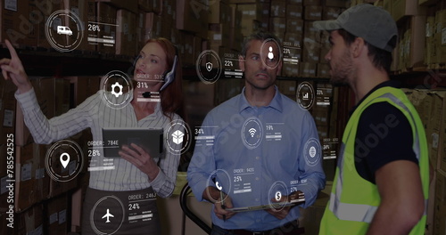 Image of data processing over diverse supervisors and workers discussing together at warehouse